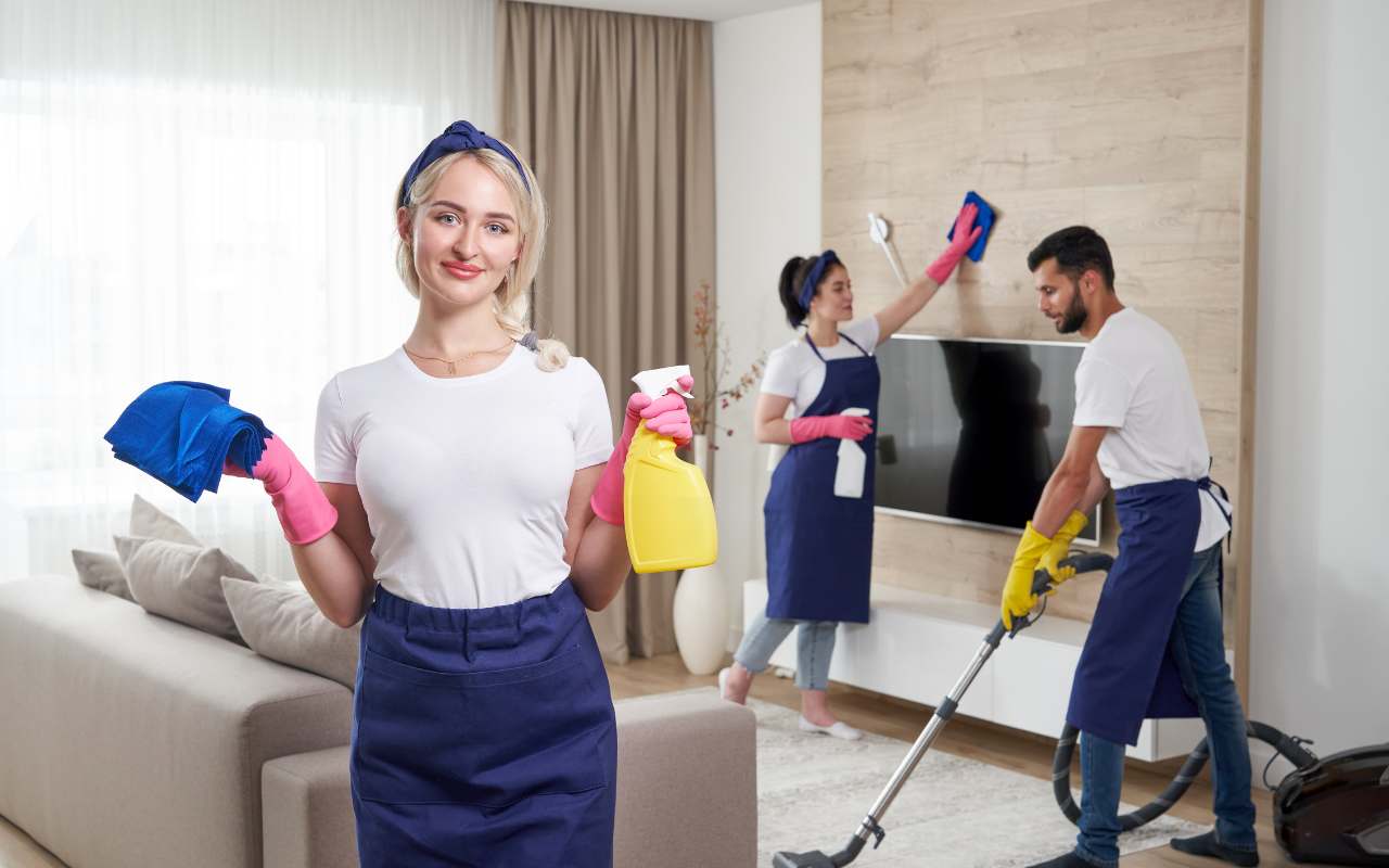 Dedicated cleaning service team at work in a residential home.