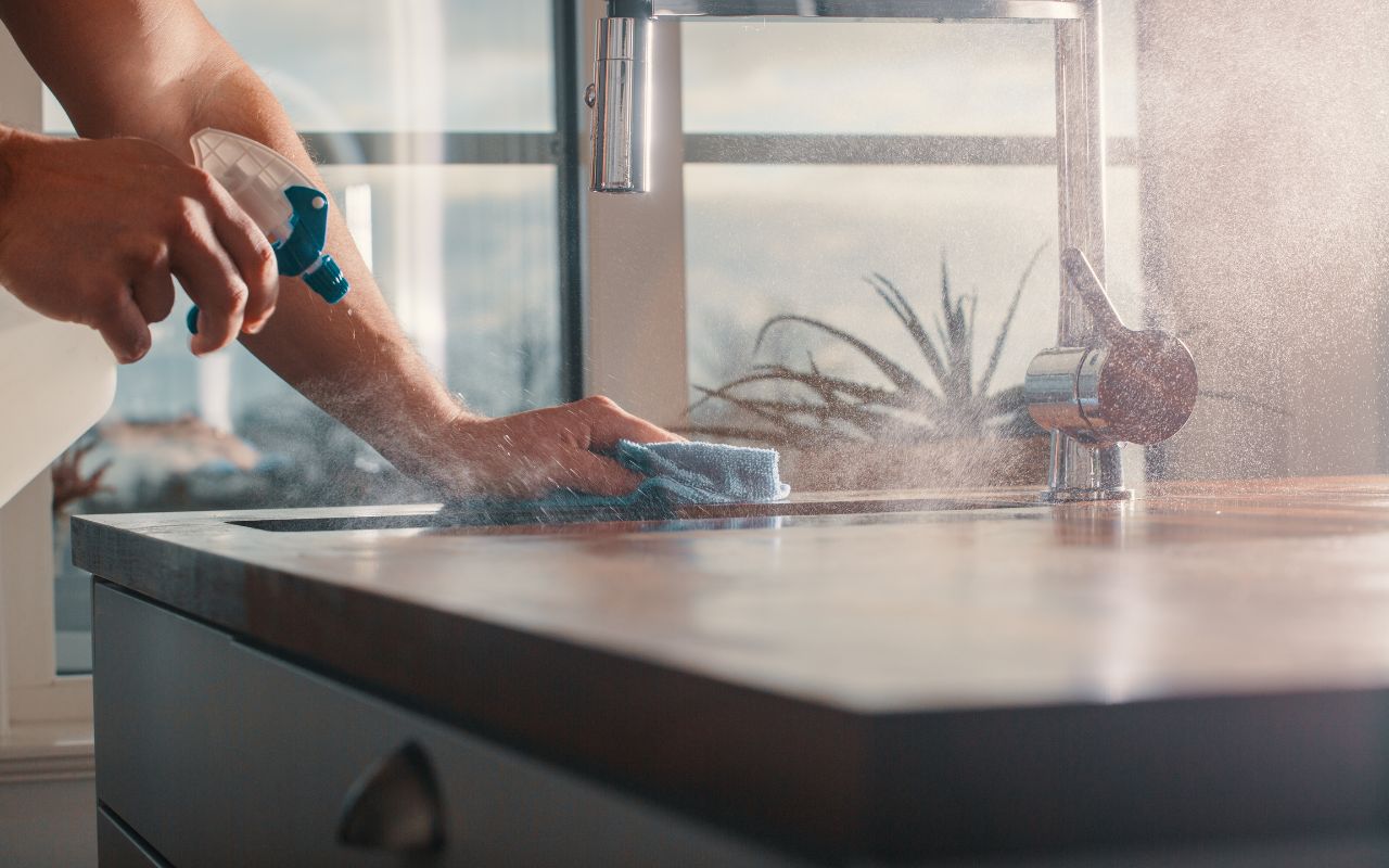 Close-up of hands cleaning a greasy kitchen stovetop