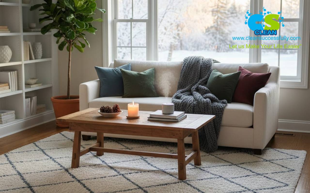Cozy living room after a winter deep cleaning routine with dust-free shelves and freshly vacuumed carpets